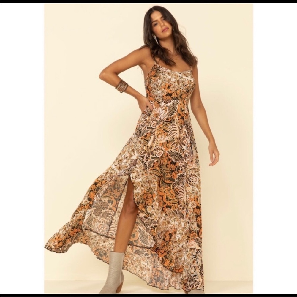 Cream and Brown Maxi Sundress with Slit and Tie Front for Night Out